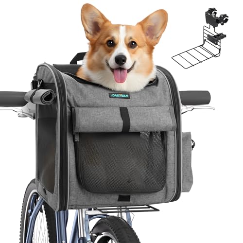 DAISTERN Panier Vélo Avant pour Chiens Chats jusqu'à 10KG avec L Support Φ8cm, Pliable 4 en 1 Sac à Dos, Sac Bandoulière, Siège Auto avec Coussin...