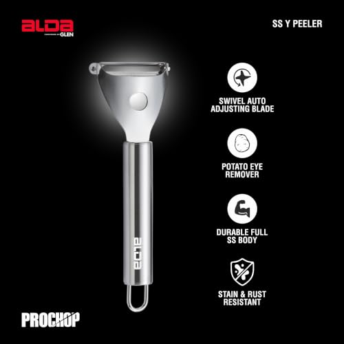Image of Alda ProChop Stainless Steel Vegetable Peeler, Razor Sharp X6Cr17 SS Swivel Blade, Potato Eye Remover, Heavy-Duty Full Stainless Steel Body, Ergonomic Comfort Grip Handle with Hanging Hook