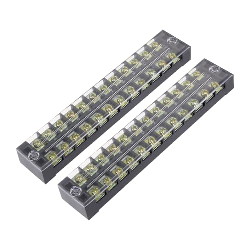 Rebower 12 Positions Dual Rows 600V 25A Terminal Strip Blocks Barrier Screws (with Cover), [for Wires Connecting, Electronic Circuits] - 2 Pack/Black/TB-2512L