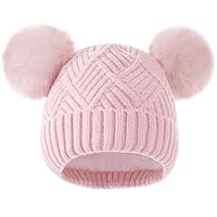 Kids Winter Beanie Hat, Cute Girls Hats with Double Pom Pom, Warm Fleece Lined Knit Beanies Cap for Children 8-14, Pink