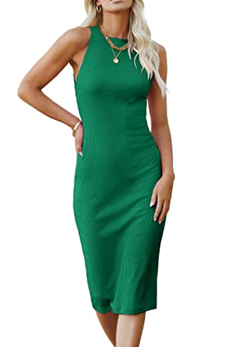 Image of PRETTYGARDEN Women's Summer Ribbed Bodycon Midi Dresses | Soft Stretchy Knit, Sleeveless Tank Dress, Slim Fitted, Elegant Spring Outfit for Work, Vacation Travel, Date Night, Party