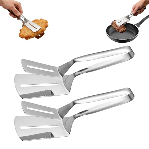 Stainless Steel Grill Clamp Anti-Scald Extended Handle Spatula Tong New Multi-Functional Stainless Steel Barbecue Clamp Food for Grilling Meat Fish and Pancakes with Non-Slip Grip (2 PCS)