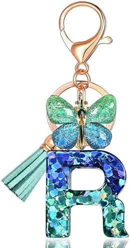 Initial letter Keychains for Women Tassel Butterfly Blue green R