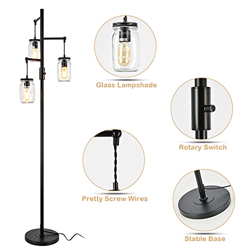 Jobtical Industrial Floor Lamp - Modern Standing Lamp For Living Room With 3 Clear Glass, 64'' Mason Jar Elegant Floor Light For Farmhouse Bedroom Office Study Room Reading (Classical Black) #TOP2