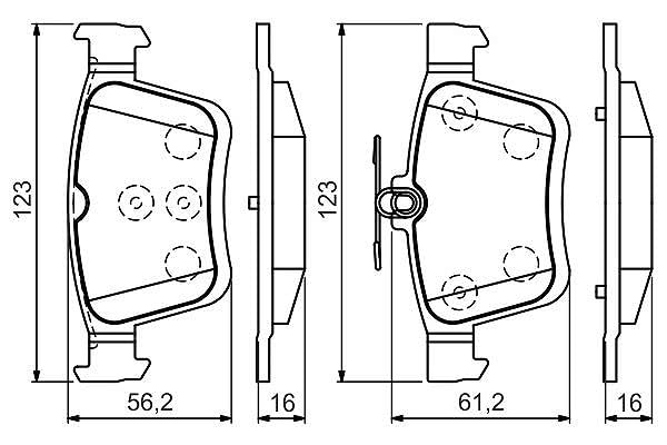 Bosch Fren Balatası, Arka Audi A3(13-20), Q2(16+), Q3(19+), Seat Leon (5F1)(13-20), Ateca(16+), Tarraco(18+), Skoda Karoq (17+), Vw Golf VII (13-20) 122.9(W)x16(T)x55.9(H1)-61.4(H2)mm 986494659 BP1504