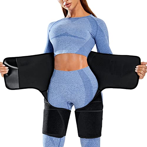 RACELO 3 in 1 Sauna Waist Trainer Butt Lifter Thigh Trimmer Sweat Body Shaper Exercise Wrap Stomach for Women Workout Sports (Black, L)