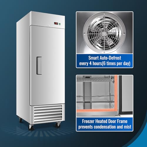 Image of Erivess 27 inchW 23 Cu.Ft. Commercial Stainless Steel Reach-in Upright Freezer | ETL Certified, Digital Thermostat, Auto Defrost, Fan Cooling and 3 Adjustable Shelves, Freezer for Restaurant, Bar, Shop