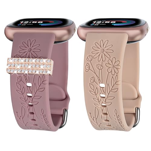 Wildflower Bands Compatible with Fitbit Versa 4/ Versa 3/ Fitbit Sense2/ Sense Bands for Women, 2 Pack Engraved Soft Silicone Sport Strap with Charms, SmartWatch Wristbands Replacement