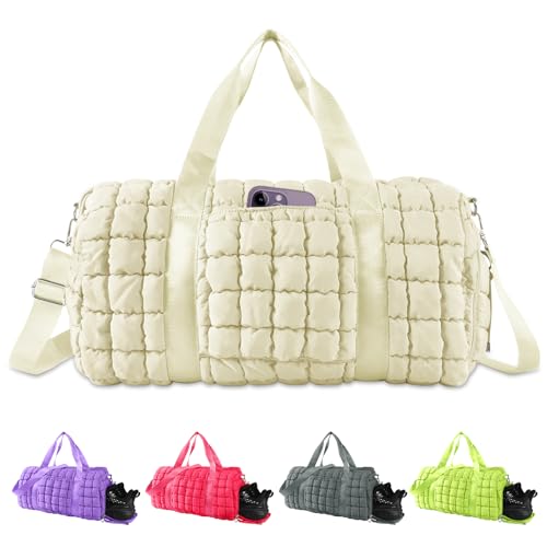 Image of Quilted Travel Duffle Bag Gym Bag for Women,Large Puffer Duffle Weekender Bag with Compartment,Workout Overnight Carry on Organizer Bag Duffle Bag for Airplane Travel(Off-white)