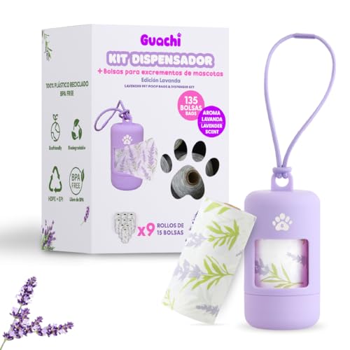GUACHI Kit dispensador de Bolsas para Caca de Perros - Incluye 9 Rollos con 135 Bolsas Biodegradables y Aroma a Lavanda - Dispensador Compacto y Reutilizable