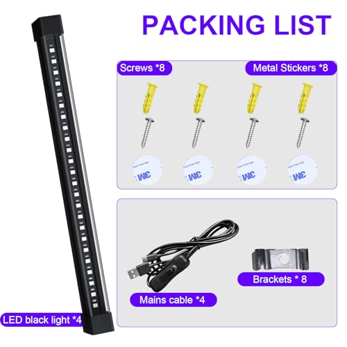 Image of Rechargeable Black Light Bar 5W 1FT，Battery Powered LED Black Light for Glow Party Body Paint UV Strip Lights for Halloween Decorations,Cabinet,Display Magnetic 4 Pack