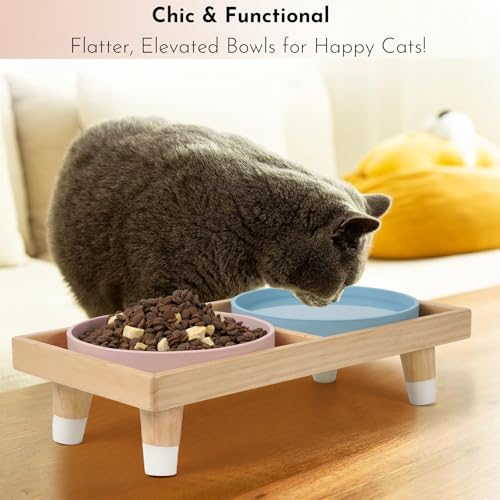 JAZUIHA Katzennapf Erhöht inkl. 2 Flache und breite Schalen, Futterstation mit Holzständer und Silikon Futternapf für Katzen D 18 cm