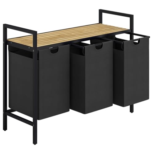 STEELSØN Rigil Wäschesammler 3 Fächer – Wäschekorb mit 1 Bambus Ablage – 3x 40 L Wäscheboxen in schwarz – Metall Wäschesortierer –...