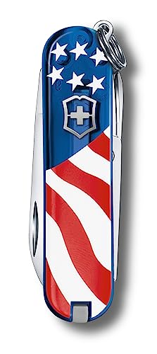 Victorinox Classic SD 58mm Swiss Army Knife - 7 Function Small Pocket Knife, US Flag Translucent