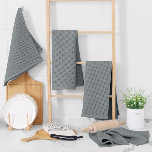 Image of Homaxy 100% Cotton Waffle Weave Kitchen Dish Towels, Ultra Soft Absorbent Quick Drying Cleaning Towel, 13 x 28 Inches, 8-Pack, Grey