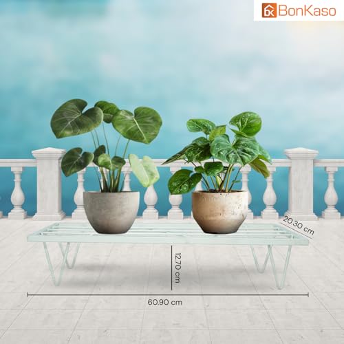 Image of BonKaso Heavy Duty Rectangle Plant Stand: 60.9X 20.3 x 12.7 cm, White - Set of 4, Modern Design for Indoor & Outdoor Use, Sturdy, Anti-Rust Planter Stand for Garden, Balcony, Patio