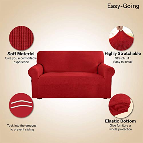 Image of Easy-Going Stretch Loveseat Slipcover 1-Piece Sofa Cover Furniture Protector Couch Soft with Elastic Bottom for Kids Polyester Spandex Jacquard Fabric Small Checks (Loveseat, Christmas Red)