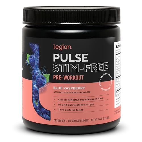 LEGION Pulse Pre Workout Supplement - All Natural Nitric Oxide Preworkout Drink to Boost Energy, Creatine Free, Naturally Sweetened, Beta Alanine, Citrulline, Alpha GPC (Caffeine Free Blue Razz)