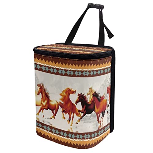 Image of Talayituse Aztec Horse Print Car Trash Can with Adjustable Straps, Southwest American Tribal Car Trash Bag Bin Car Garbage Bag Multipurpose Storage Box for Vehicle Travel Camping Picnicing