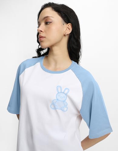 Image of JUNEBERRY 100% Pure Cotton Oversized Baggy Fit Drop Shoulder Round Neck Graphic Printed Raglan Sleeve T-Shirt for Women (Sizes: S to 2XL)