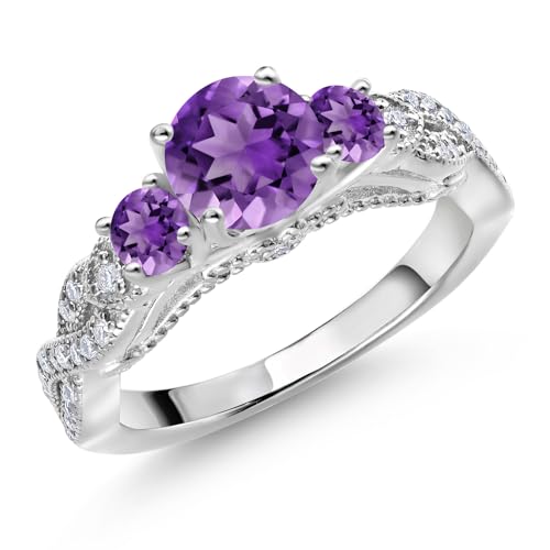 Gem Stone King 1.47 Cttw Purple Amethyst and White Moissanite Engagement Ring For Women | 925 Sterling Silver | Gemstone February Birthstone | Round 6MM and 3MM | Available In Size 5, 6, 7, 8, 9