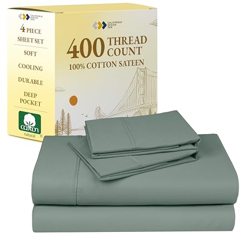 California Design Den Full Size Bed Sheets Set - Soft 400 Thread Count Sateen, Natural 100% Cotton Sheets with Deep Pockets, Breathable, Cooling and Durable Bedding Set - Sage Green