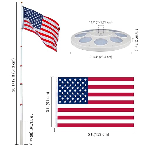 Yeshom Silver 20Ft Telescopic Flag Pole Kit Heavy Duty Aluminum Flagpole US Flag & Ball Top with 136 LED Solar Light Yard Residential Commercial - Thumbnail 3
