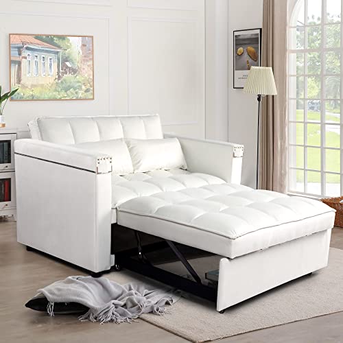 Wirrytor 3 In 1 Multi-Functional Convertible Sleeper Sofa Bed, Modern Loveseat Sofa Couch Velvet Pull Out Bed With Reclining Adjustable Backrest &Hidden Table For Apartment Living Room Bedroom(White) #TOP6