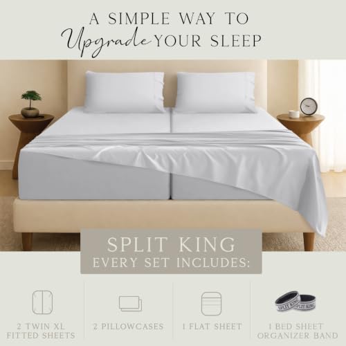 Image of KARISSA MAE Luxury Bamboo Viscose Split King Size Sheet Set, FSC Certified | Includes 2 Twin XL Fitted Sheets | Sleep Number & Adjustable Bed | Cooling | 18 inch Deep Pocket w / Corner Straps [Grey Mist]