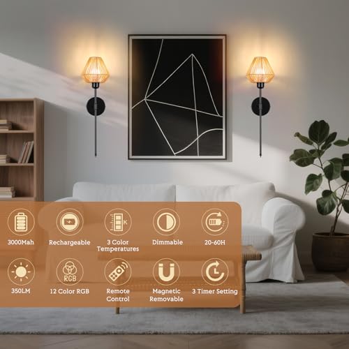 Image of Battery Operated Wall Sconces Set of 2,Rattan Rechargeable Wall Light Dimmable with Remote Control,15 Color Changing and Timer,Boho Black Gold Wall Lamps for Bedroom,Living Room