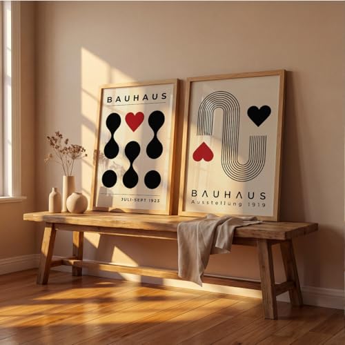 Image of Suneree Bauhaus Wall Art Set of 2 Framed Paintings | Geometric Abstract Modern Art Poster Black Red | Living Room Office Contemporary Home Decor (Art 3, 13x19 Inches)