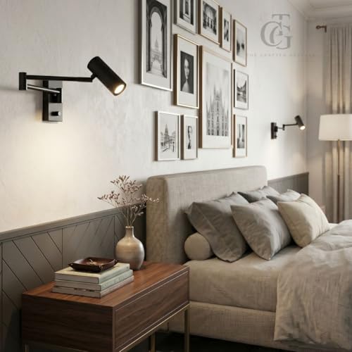 Image of Modern Wall Spotlight with Adjustable Rocker Arm and Built-in Switch Wall Fixture for Bedside-Warm White|Black