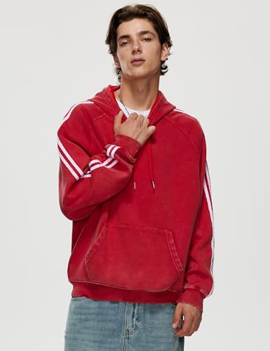 Iwing Men's Double Striped Hoodie Oversized Acid Wash Hoodies Heavyweight Fleece Sweatshirt Casual Coat Men Women Winter2