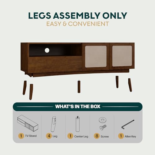 Image of Calista TV Stand 1 Drawer 2 Door - Chestnut Finish Media Console with Open Shelf & Fabric Panel Doors, Mid-Century Modern Style with Tapered Legs, Easy Assembly