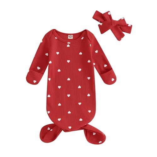 DuAnyozu Knotted Gown Baby Newborn Sleeping Bag Heart Print Sleep Sack Infant Girl Sleeper Valentines Pjs Set with Headband (red, 0-3 Months)