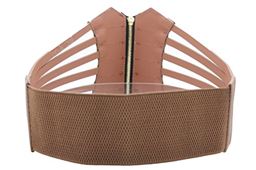 Women Fashion Stretch Wide Belt Waist Hip Gold Metal Zipper Fit Size L XL Brown2