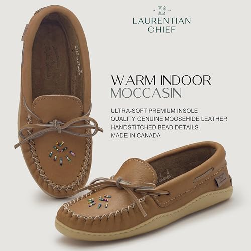 Laurentian Chief Women's Brown Leather Moccasins with 8-Hole Kabir Collar & Natural Rubber Sole, Beaded Womens Leather Moccasins, Comfortable Stylish Indoor & Outdoor Slippers2