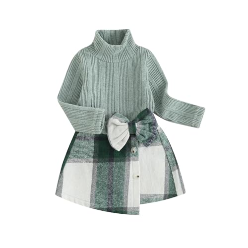 Image of fhutpw Baby Toddler Girl Outfits Fall Winter Clothes Turtleneck Knitted Cotton Long Sleeves Tops & Button Mini Skirts Set