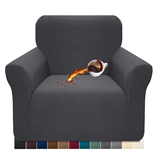 Luxurlife 1 Piece Water Repellent Chair Cover for Living Room High Stretch Sofa Cover Slipcover Non Slip Furniture Protector for Kids Pets with Elastic Bottom(1 Seater,Gray)