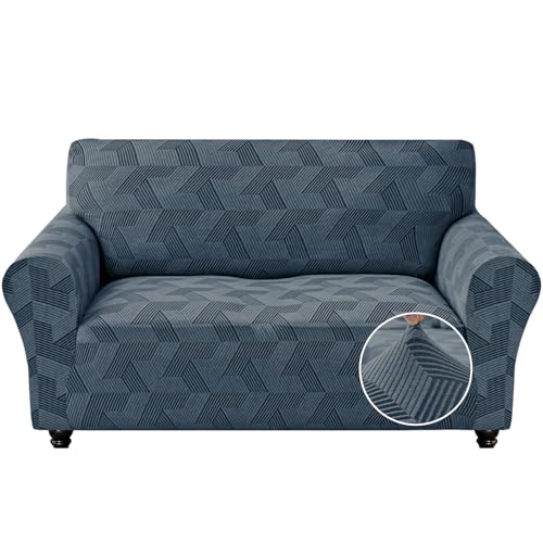 JIVINER 1 Piece Couch Cover for 2 Cushion Couch, High Stretch Loveseat Covers with Elastic Bottom, Washable Sofa Slipcovers for Dog, Pets Feature Geometrical Jacquard Fabric (Loveseat, Dark Grey)