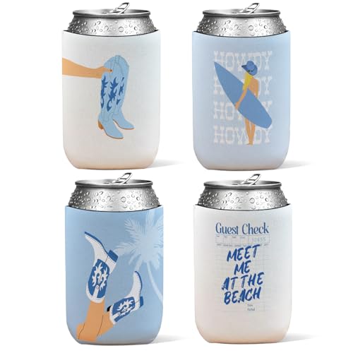 SJDFCSA 4 Pack Western Coastal Cowgirl Reusable Neoprene Insulator Cup Sleeve for Cold and Hot Drinks, Blue Western Preppy Beach Coastal Cowgirl Can Drink Sleeves Cooler Sleeves Gifts for Women