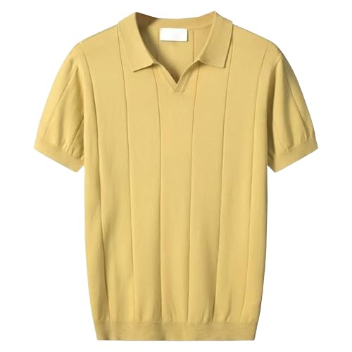 Vintage Quarter Zip Knit Shirt Casual Golf Shirts Collared T Shirt Relaxed Cotton T-Shirt for Men (Yellow,Medium)