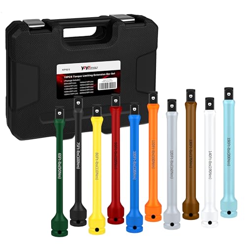 YIYITOOLS 10Pcs 1/2 Drive Torque Limiting Extension Bar Set 8 Long Torque Sticks (65-150 Ft-Lbs) Impact Socket Extensions with Storage Case Color-Coded for Lug Nuts Tire Repair