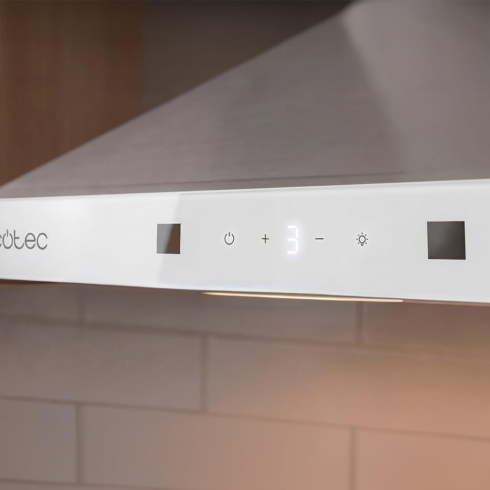 Cecotec Okap piramidalny 50 cm Bolero Flux PT 504400 Inox A++. Przednie szkło w kolorze białym, ssanie 449,5 m³/h, niewidoczna kontrola dotykowa, funkcja wzmacniacza, filtry zmywalne, klasa A++