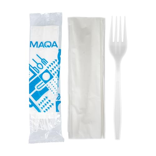 MAQA 100 Kit Forchetta Riutilizzabile in CPLA + Tovagliolo 2 Veli – Compostabili, Imbustati Singolarmente – Certificati per Uso Alimentare – Perfetti per Catering, Eventi, Uffici e Take Away