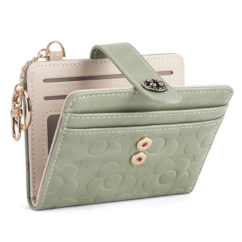 Image of RFID Wallet Women,Slim Small Wallets Embossed Flower Leather Bifold Compact Ladies Girls Wallet with Credit Card Holder Zipper Coin Pocket Green