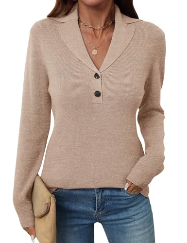 Image of LOMON Sweaters for Women 2025 Fall Knitted V-Neck Collared Button Pullover Dressy Casual Long Sleeve Polo Shirts Business