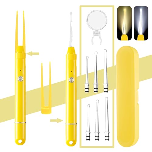 【2-in-1】耳かき ライト 光る耳かき LEDライト付き耳かき USB充電式 光る耳かき ルーペ 耳掃除 、 耳掃除 光る耳かき 子供用 お年寄り用 家庭用 耳かき ライト イヤークリーナー 収納付き 携帯便利 (イエロー)