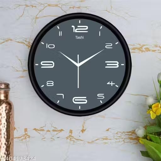 Image of Tashi Enterprises 10X10-inch Plastic & Glass Wall Clock for Living Room | Analog Clocks |Black Frame | ETASHI Grey Color Color