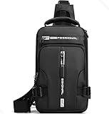 Bolsa Masculina Transversal Impermeável, Mochila com Saída USB, Pochete Grande em Poliéster, Alça Ajustável para Tablet e Celular (preta)